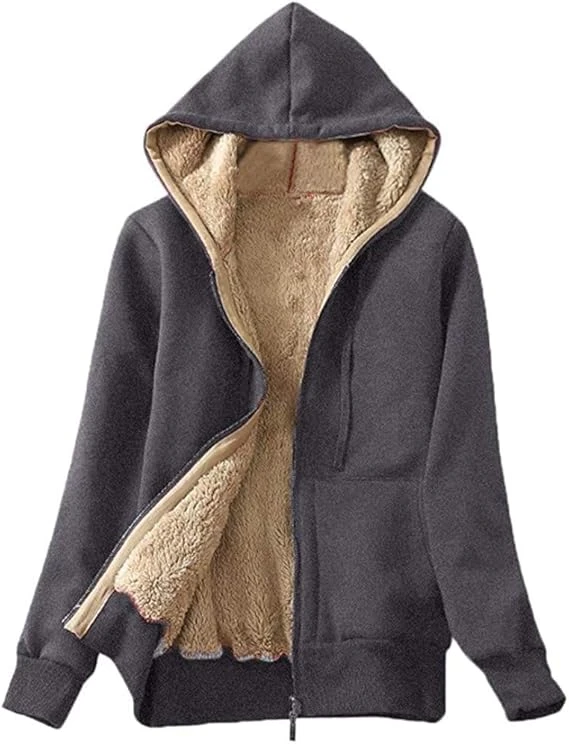 معطف نسائي منفوش سادة بغطاء للرأس شتوي دافئ مبطن بالصوف، جاكيت بسحاب مع جيوب، سو
