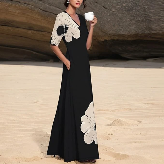 فستان صيفي انيق للنساء، فستان طويل متعدد الاستخدامات بتصميم جيب مزين بالزهور