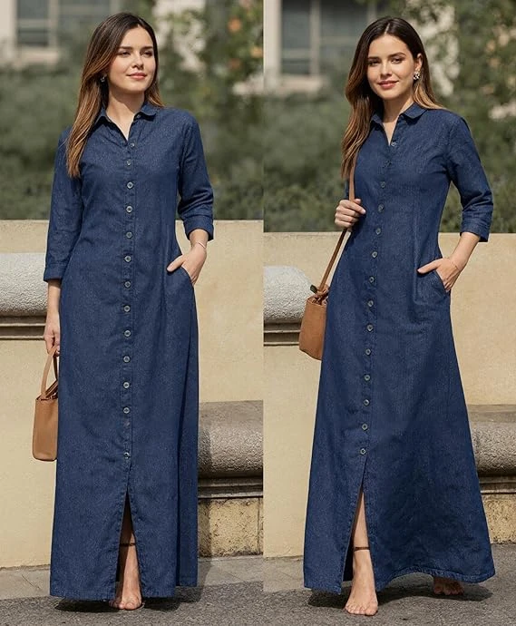 فستان ماكسي كاجوال بتصميم قميص مطبوع مع أزرار أمامية للنساء