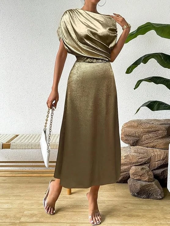 فستان ساتان متوسط الطول بكتف واحد للنساء بلون ذهبي - فستان شبه رسمي مسائي مكشكش