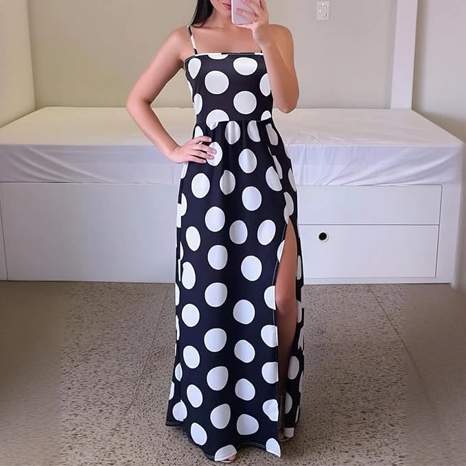 فستان صيفي عصري بطبعة منقطة للنساء، فستان بدون حمالات بحافة منقسمة