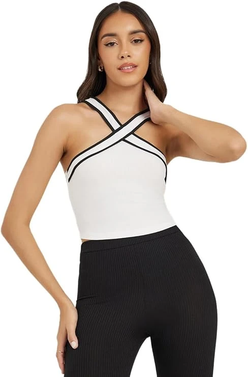 بلوزة قصيرة مضلعة متقاطعة برقبة برباط للنساء من ستايلي