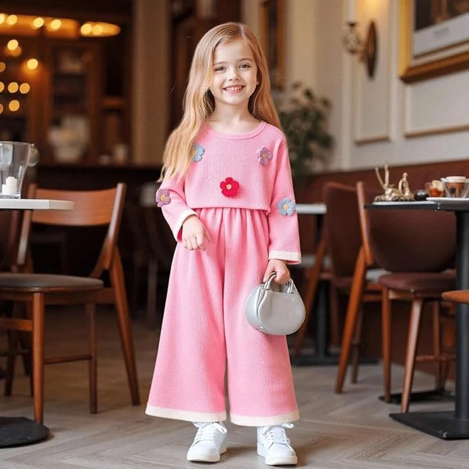 طقم ملابس من قطعتين بتصميم زهور ثلاثية الأبعاد ورقبة دائرية وأكمام طويلة وبلوفر 