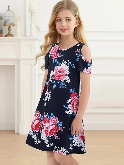 فساتين للبنات برقبة دائرية ضيقة واكمام قصيرة مكشوفة الكتفين بطباعة زهور لحفلات ا