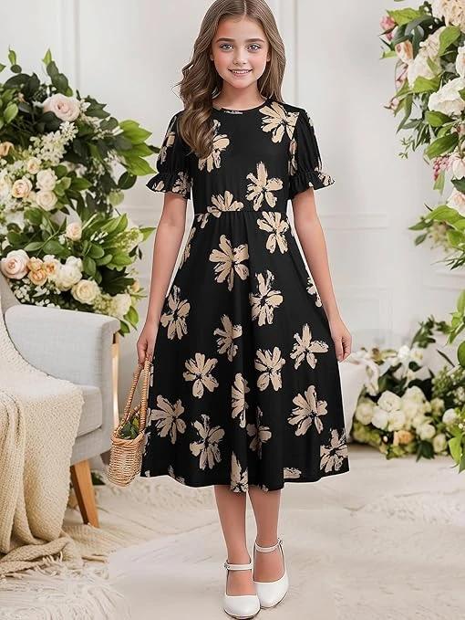 فساتين للبنات برقبة دائرية ضيقة وأكمام قصيرة منفوخة بطبعة زهور للعطلات والصيف كا