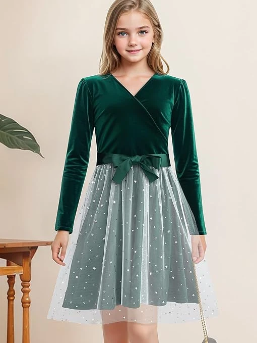 فستان للبنات برقبة على شكل حرف V وأكمام طويلة من قماش شبكي مرقع، للحفلات الرسمية