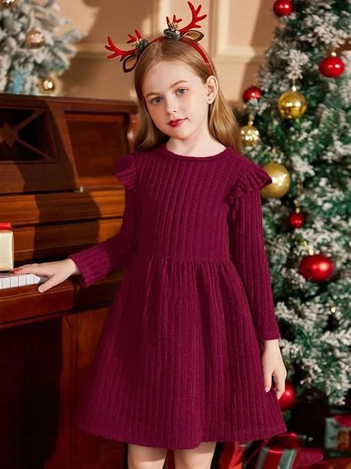 فستان للبنات بأكمام طويلة وقبة دائرية مزخرف بالكشكشة ومصنوع من قماش محبوك بقصة ا