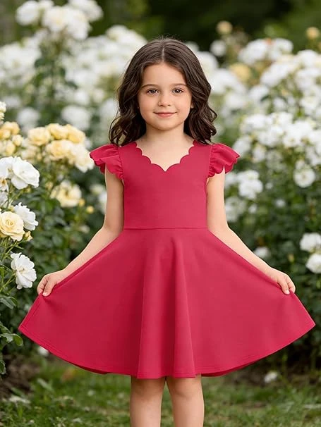 فستان بأكمام مكشكشة وقبة V بتصميم ايه لاين للصيف، ملابس رسمية للأطفال من سن 5-7 