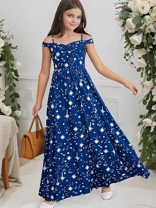 فستان ماكسي كاجوال طويل ومكشوف الكتفين بطبعة جرافيك وقصة ايه-لاين منسدلة، مناسب 