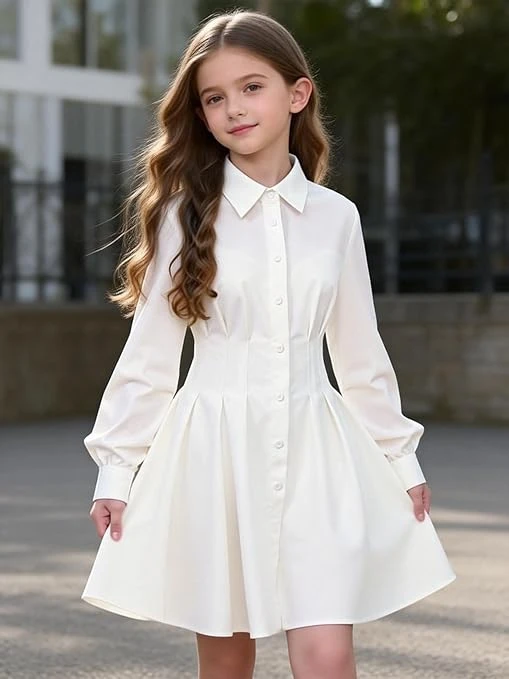فستان قميص رسمي بأكمام طويلة وقبة بولو وأزرار سفلية للبنات بعمر (8-12 سنة)، طبقة
