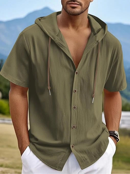 سويت شيرت كاجوال خفيف الوزن بغطاء للرأس وأكمام قصيرة للرجال من القطن والكتان.