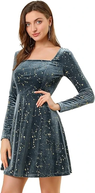 فستان من المخمل بأكمام طويلة وقبة مربعة على شكل نجمة للخريف والشتاء للنساء، فستا