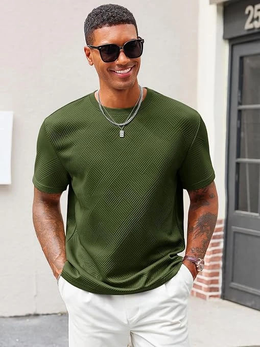 تي شيرت صيفي كاجوال للرجال بأكمام قصيرة وقبة دائرية ضيقة قابل للتمدد من قماش الج