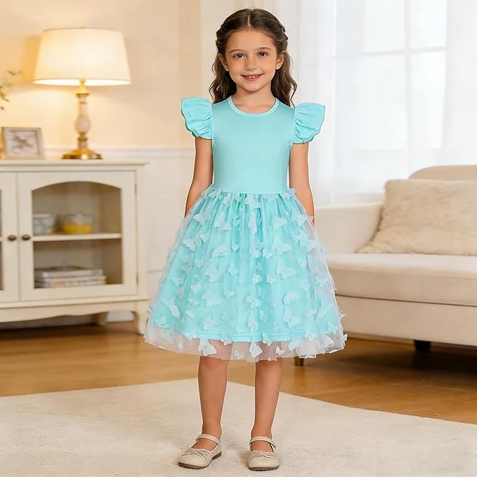 فستان للفتيات ربيعي وصيفي بأكمام فراشة خفيفة وطول حتي الركبة بتصميم شبكي مع فراش