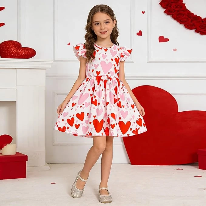 فستان عيد الحب للبنات والاطفال باكمام رفرفة بطول الركبة بنمط قلب مطبوع لحفلات اع