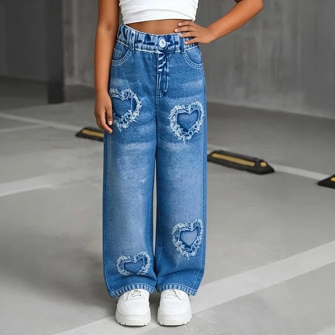 سروال كابري بأرجل واسعة للبنات من الجينز سهل الارتداء بخصر مطاطي وفتحات على شكل 