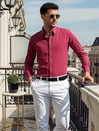 قميص رسمي بقصة ضيقة واكمام طويلة وازرار للرجال مناسب للمناسبات المسائية ونزهات ن