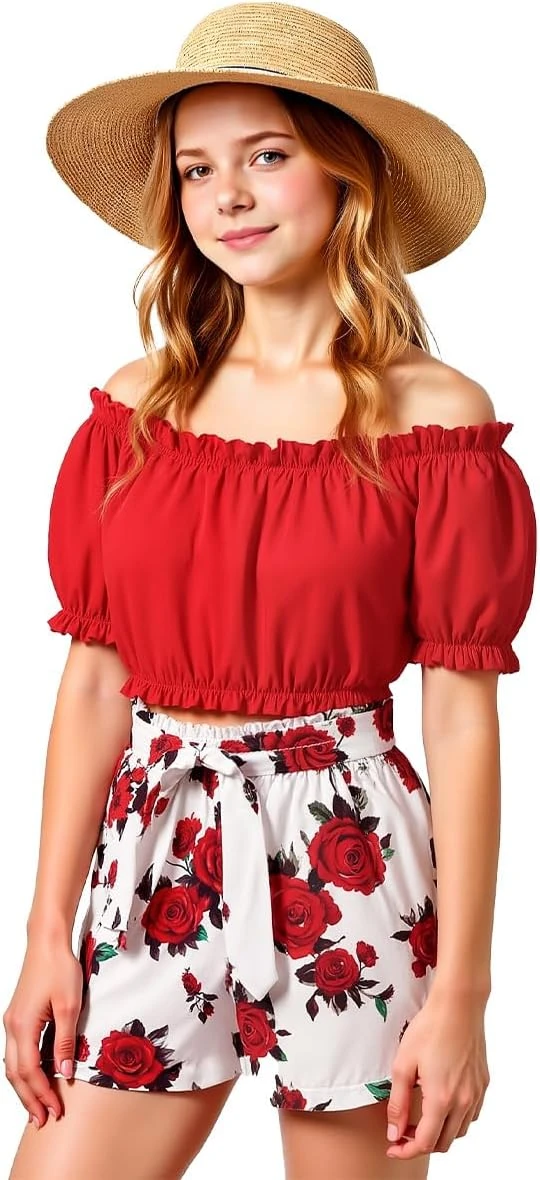 زي للبنات من اكسولينوفا، قماش مطاطي في 4 اتجاهات مع جزء علوي بلون سادة مع شورت و