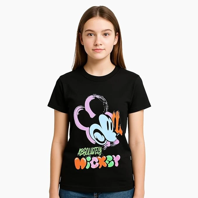 تي شيرت بطباعة ميكي ماوس وأكمام قصيرة بتصميم غربي للبنات من ديزني (عبوة من قطعة