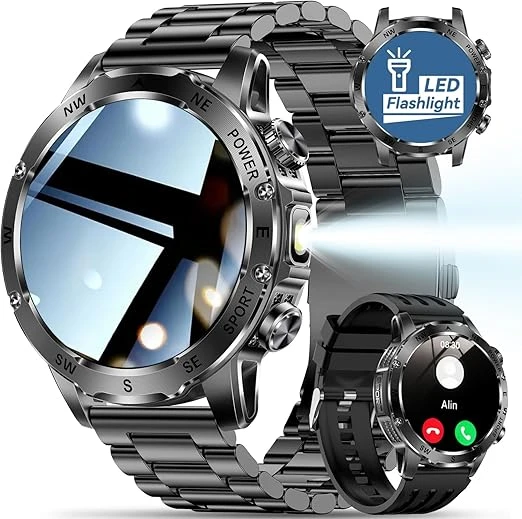 ساعة ذكية للرجال مع مصباح يدوي، مكالمات بلوتوث، اكثر من 100 وضع رياضي، 800mAh، ج