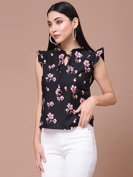 فستان من اومف. بلوزة كريب مطبوعة برقبة برباط واكمام مكشكشة للنساء