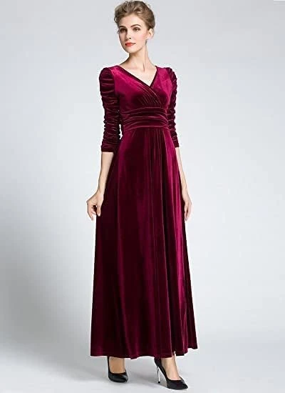 فستان طويل للنساء مصنوع من المخمل باكمام طويلة وقبة V - لون احمر مقاس XL أحمر