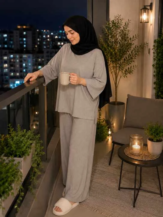 بيجامه منزليه مريحه وانيقه تيشيرت مخطط وبنطلون واسع بخصر مطاطي صيفي