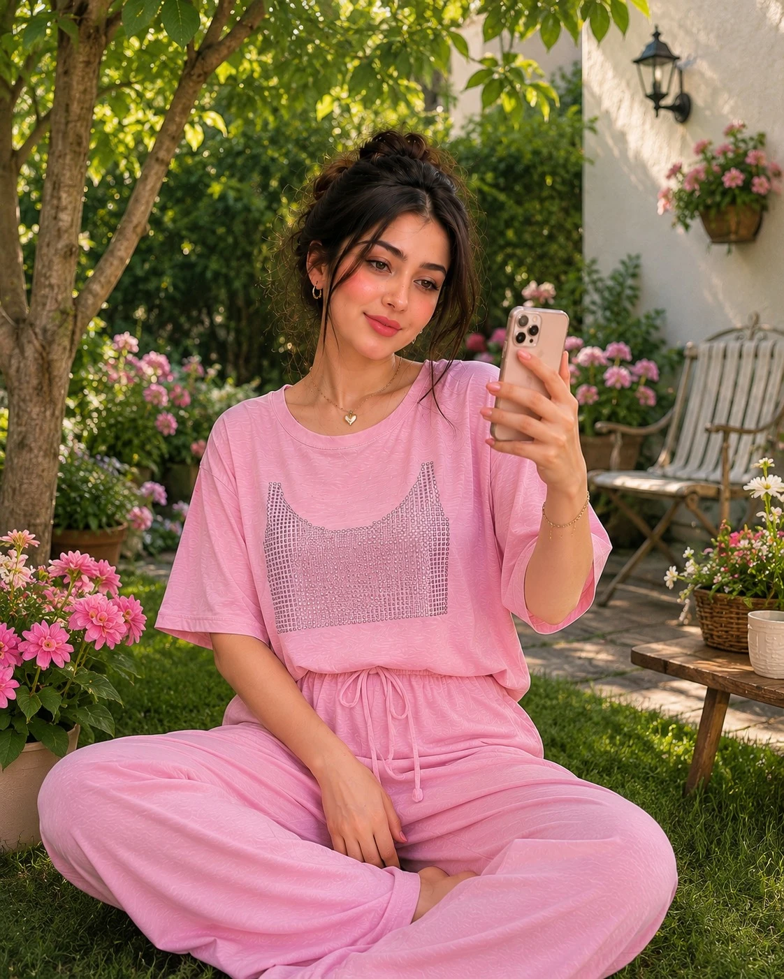 طقم نسائي مريح تيشيرت واسع بأكمام قصيرة بنطلون  بخصر مطاطي