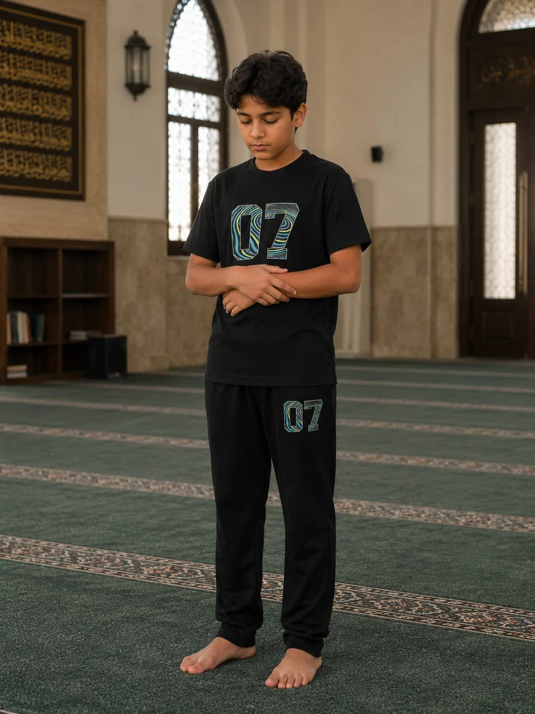 طقم أولادي مريح وأنيق بتصميم رياضي عصري، يجمع بين الراحة والعملية بفضل خامته الن