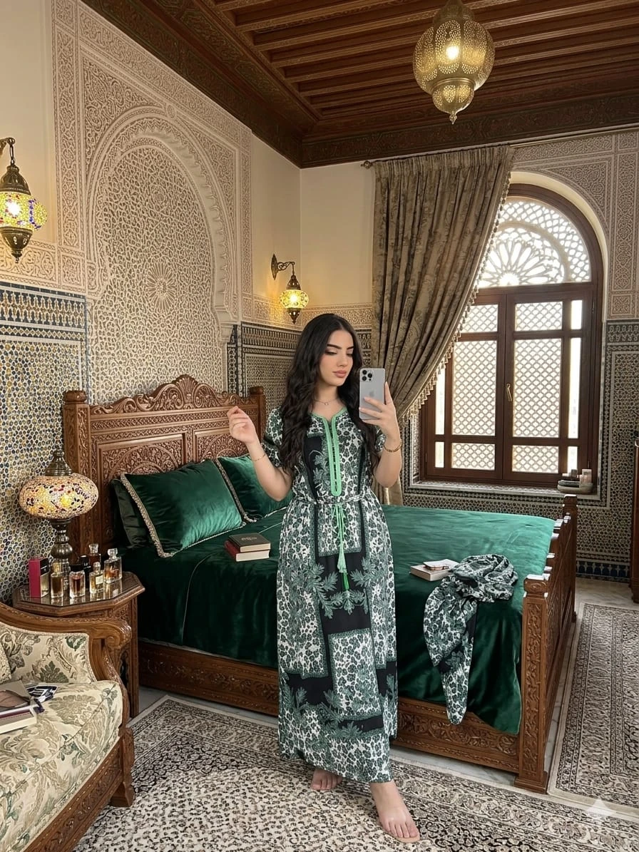 قميص نسائي طويل بنقشة شرقية فاخرة – أناقة مميزة لإطلالة منزلية راقية