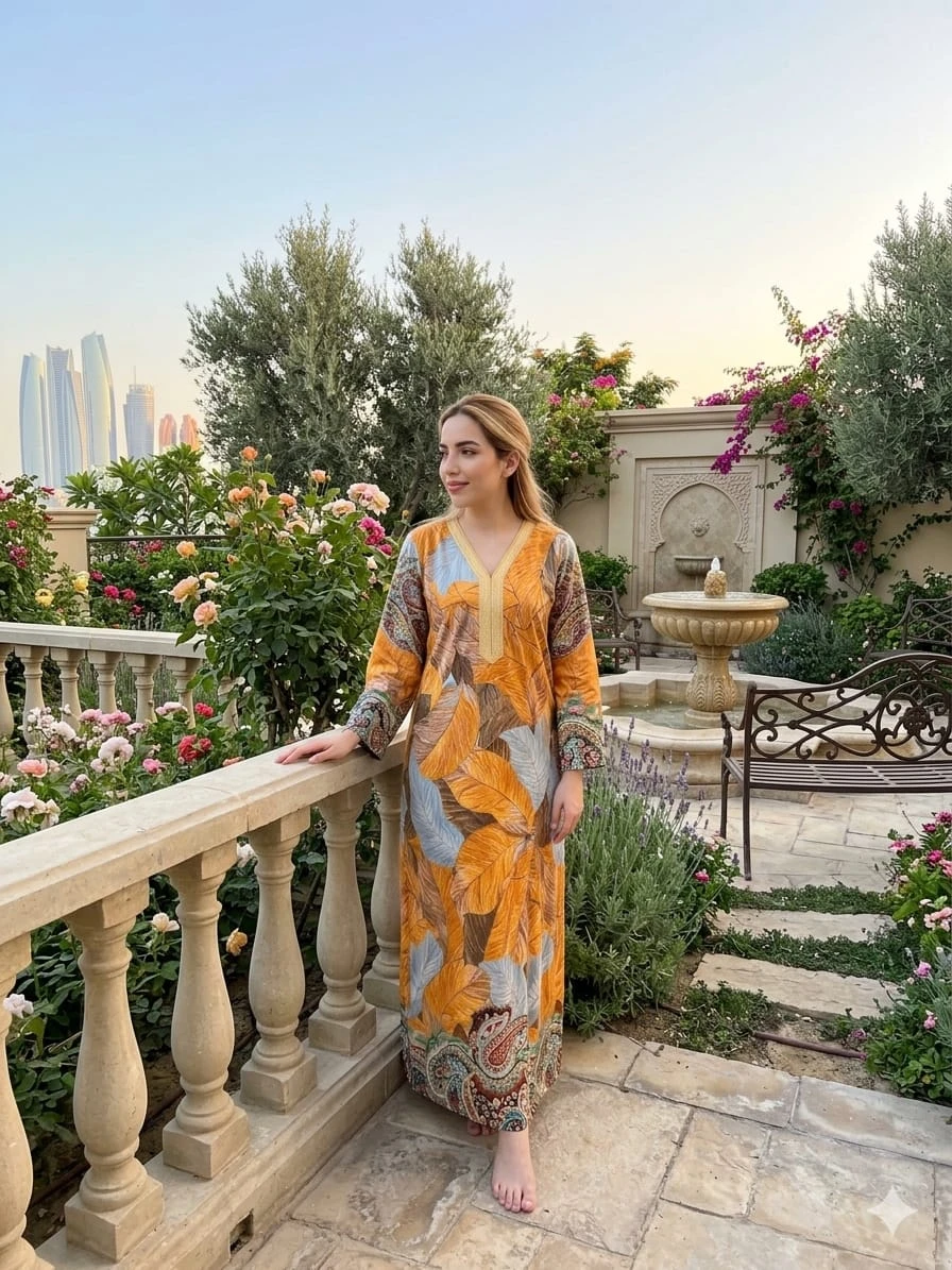 قميص نسائي طويل بنقشة شرقية فاخرة – أناقة مميزة لإطلالة منزلية راقية
