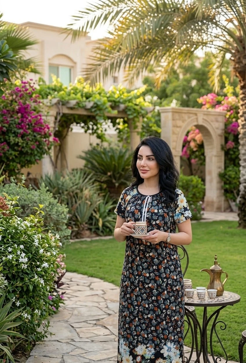 قميص نسائي طويل بنقشة شرقية فاخرة – أناقة مميزة لإطلالة منزلية راقية