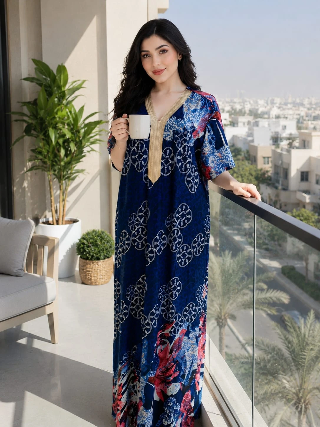 قميص نسائي منزلي طويل بطابع شرقي أنيق ‫لبانة قيطان مغربي